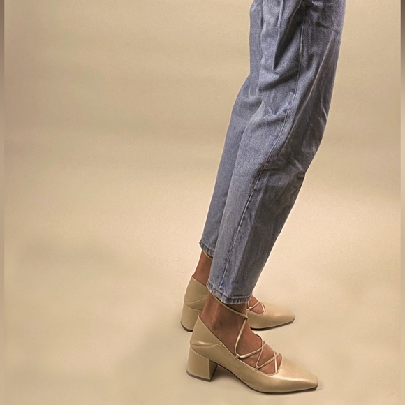 Charles & Keith Off White Ankle Tie Pumps with Block Heel - Picture 3 of 5